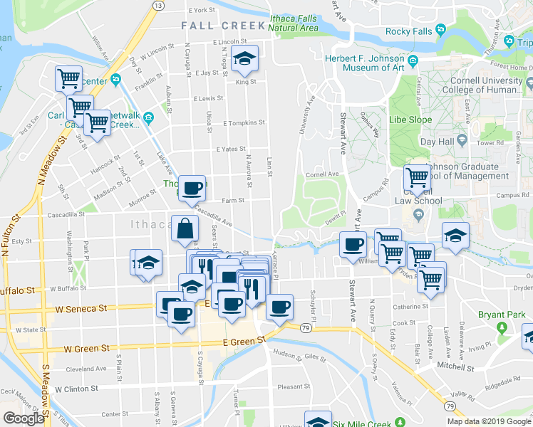 map of restaurants, bars, coffee shops, grocery stores, and more near 134 Linn Street in Ithaca