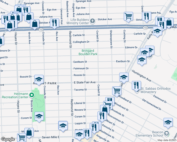 map of restaurants, bars, coffee shops, grocery stores, and more near 16226 Fairmount Drive in Detroit