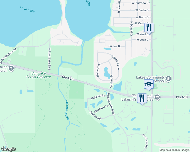 map of restaurants, bars, coffee shops, grocery stores, and more near 1626 Mulberry Drive in Lake Villa