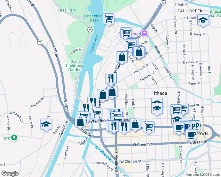 map of restaurants, bars, coffee shops, grocery stores, and more near 508-20 Meadow St N in Ithaca