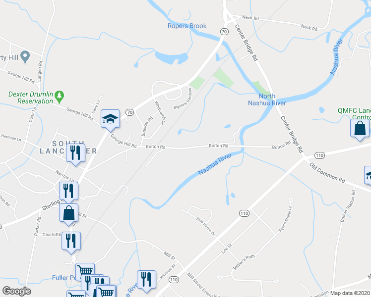 map of restaurants, bars, coffee shops, grocery stores, and more near Bolton Road in Lancaster