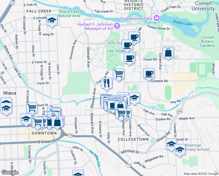 map of restaurants, bars, coffee shops, grocery stores, and more near 13 South Avenue in Ithaca