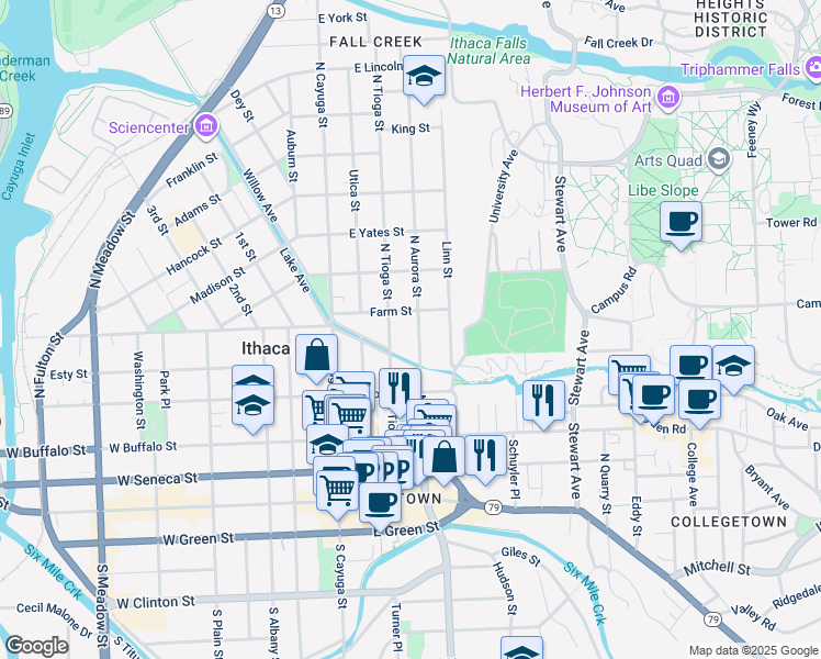 map of restaurants, bars, coffee shops, grocery stores, and more near 429 North Aurora Street in Ithaca