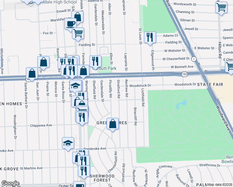 map of restaurants, bars, coffee shops, grocery stores, and more near 20410 Picadilly Road in Detroit