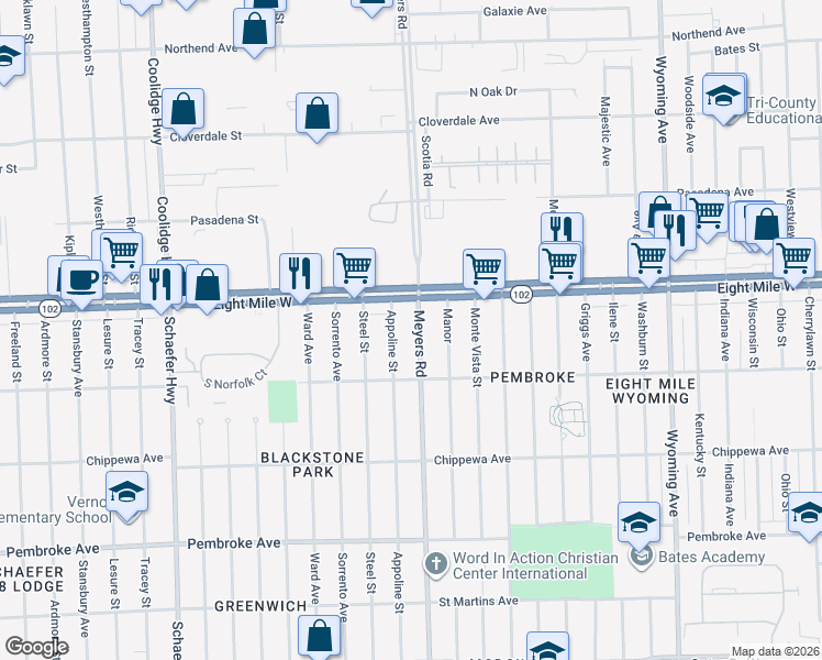 map of restaurants, bars, coffee shops, grocery stores, and more near 20468 Appoline Street in Detroit