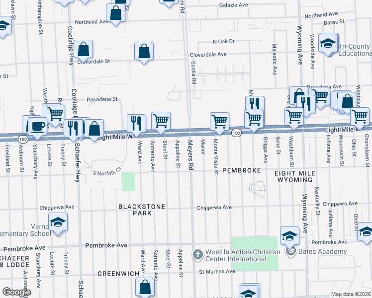 map of restaurants, bars, coffee shops, grocery stores, and more near 20468 Appoline Street in Detroit