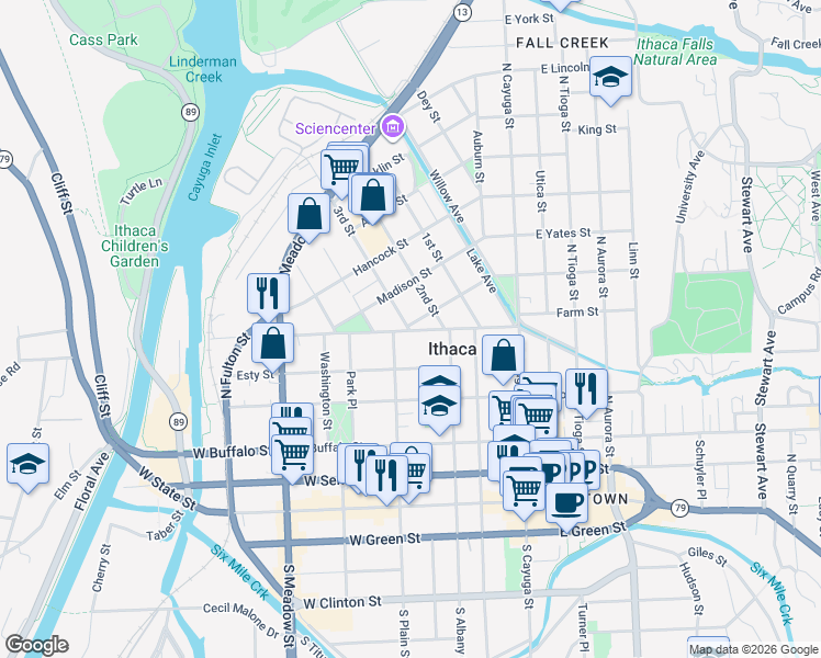 map of restaurants, bars, coffee shops, grocery stores, and more near 325 Cascadilla Street in Ithaca