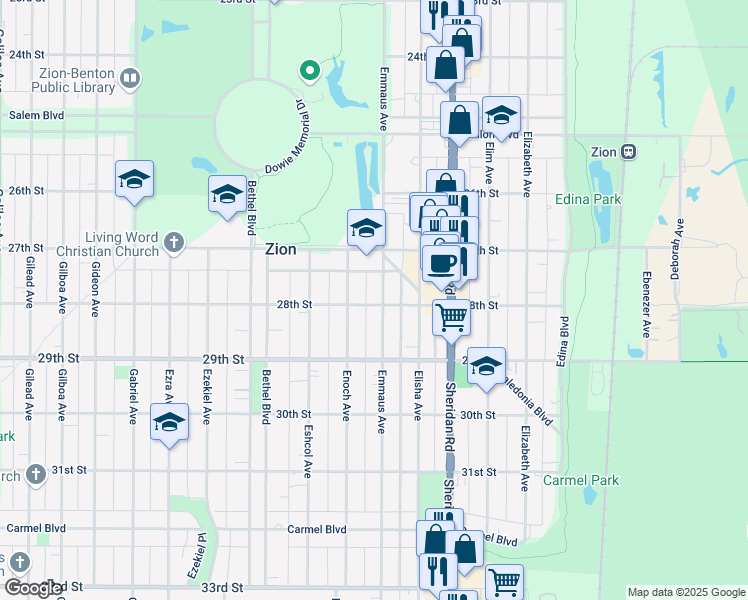 map of restaurants, bars, coffee shops, grocery stores, and more near 2803 Enoch Avenue in Zion