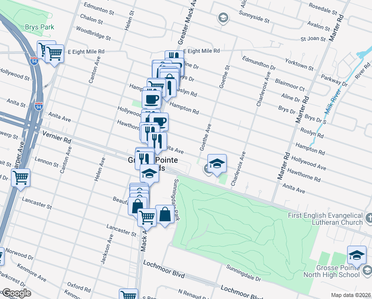map of restaurants, bars, coffee shops, grocery stores, and more near 1740 Anita Avenue in Grosse Pointe Woods