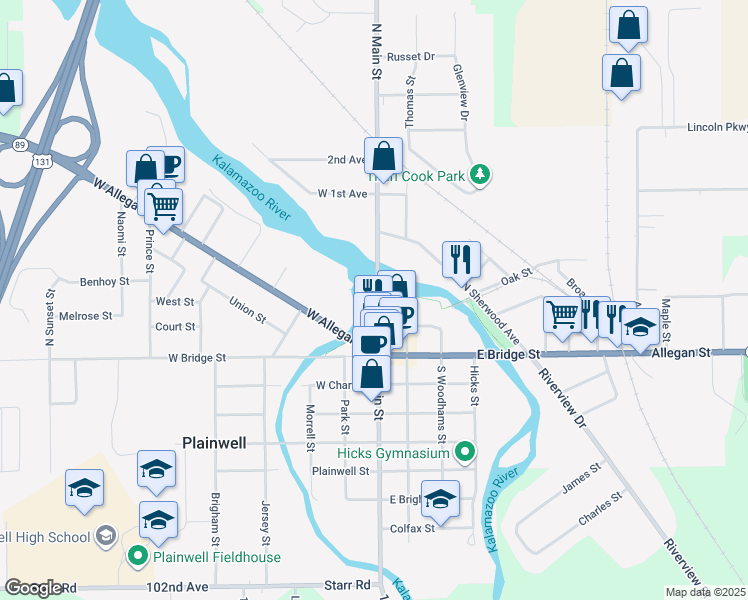 map of restaurants, bars, coffee shops, grocery stores, and more near 211 North Main Street in Plainwell
