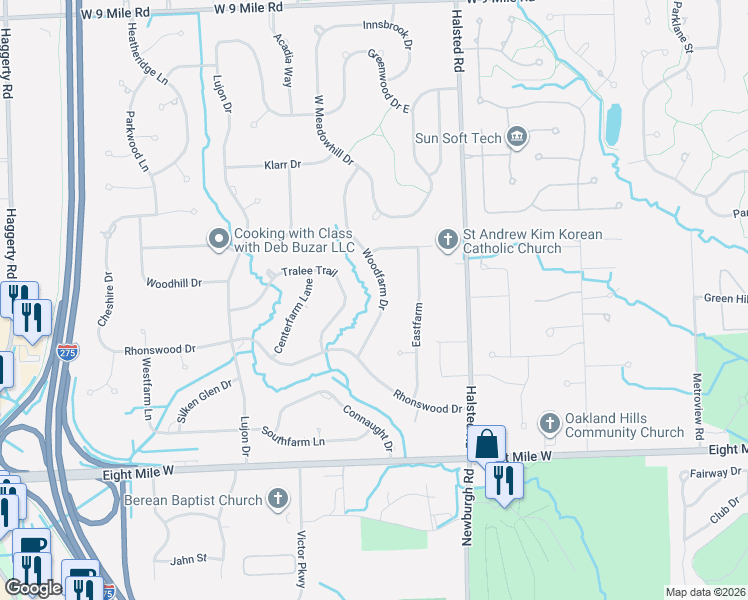 map of restaurants, bars, coffee shops, grocery stores, and more near 21196 Woodfarm Drive in Northville