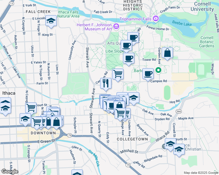 map of restaurants, bars, coffee shops, grocery stores, and more near 13 South Avenue in Ithaca