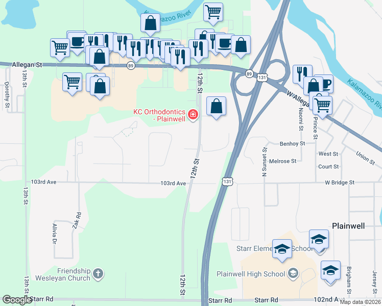 map of restaurants, bars, coffee shops, grocery stores, and more near 326 12th Street in Plainwell