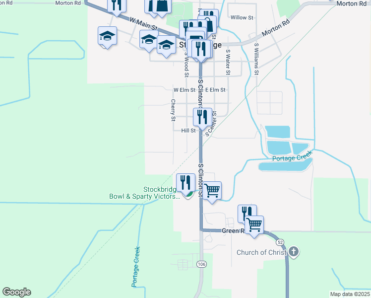 map of restaurants, bars, coffee shops, grocery stores, and more near 730 Wood Street in Stockbridge