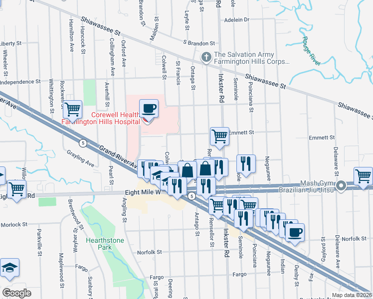 map of restaurants, bars, coffee shops, grocery stores, and more near 20916 Saint Francis in Farmington Hills