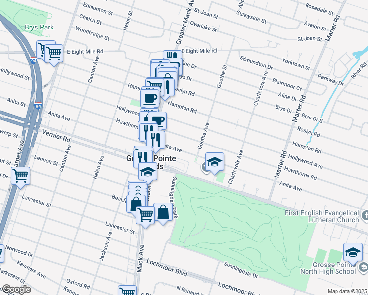 map of restaurants, bars, coffee shops, grocery stores, and more near 1705 Anita Avenue in Grosse Pointe Woods