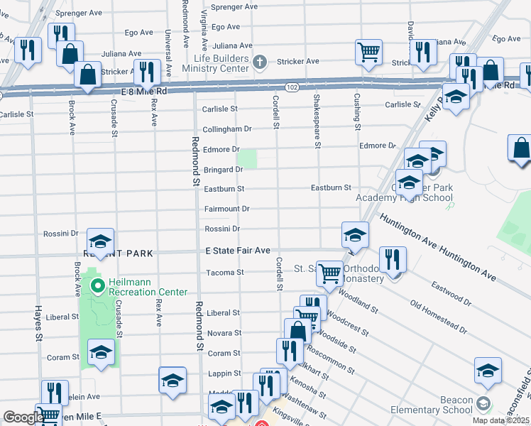map of restaurants, bars, coffee shops, grocery stores, and more near 16276 Fairmount Drive in Detroit