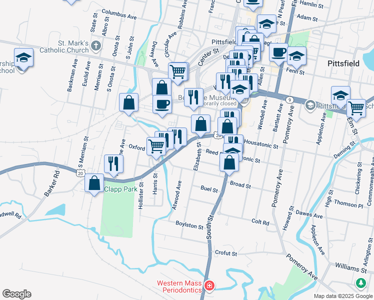 map of restaurants, bars, coffee shops, grocery stores, and more near 36 Elizabeth Street in Pittsfield