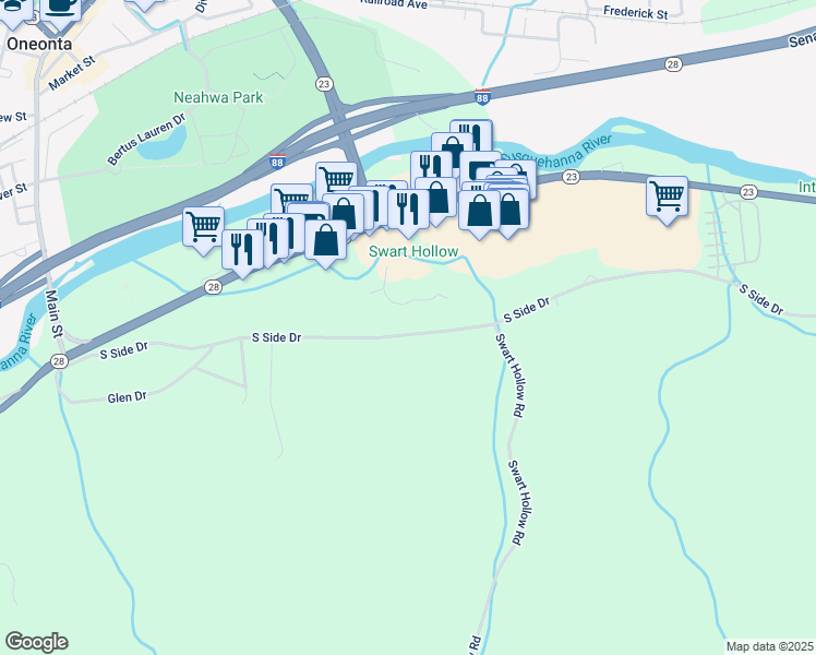 map of restaurants, bars, coffee shops, grocery stores, and more near 246 South Side Drive in Oneonta