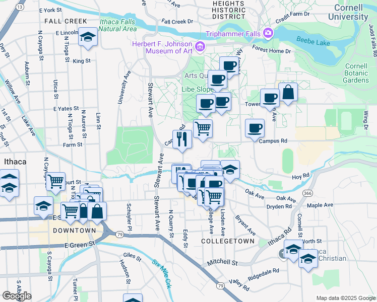 map of restaurants, bars, coffee shops, grocery stores, and more near 241 Campus Road in Ithaca