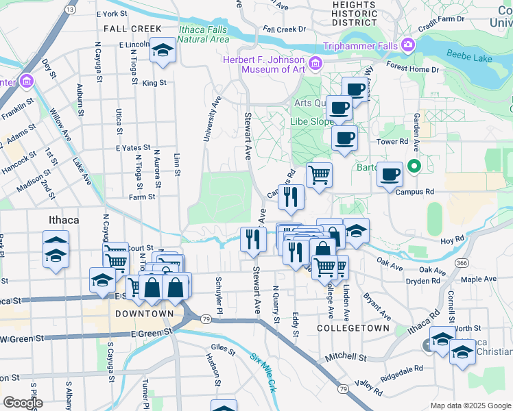 map of restaurants, bars, coffee shops, grocery stores, and more near 512 Stewart Avenue in Ithaca