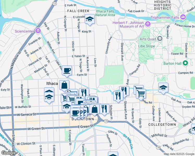 map of restaurants, bars, coffee shops, grocery stores, and more near 104 Cascadilla Park Road in Ithaca