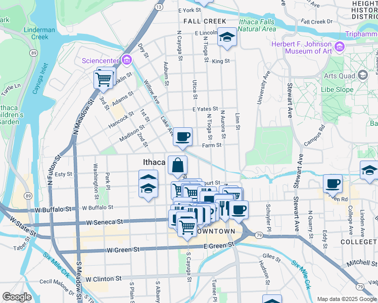 map of restaurants, bars, coffee shops, grocery stores, and more near 126 Sears Street in Ithaca