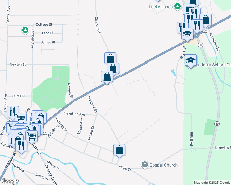 map of restaurants, bars, coffee shops, grocery stores, and more near 29 Link Street in Fredonia