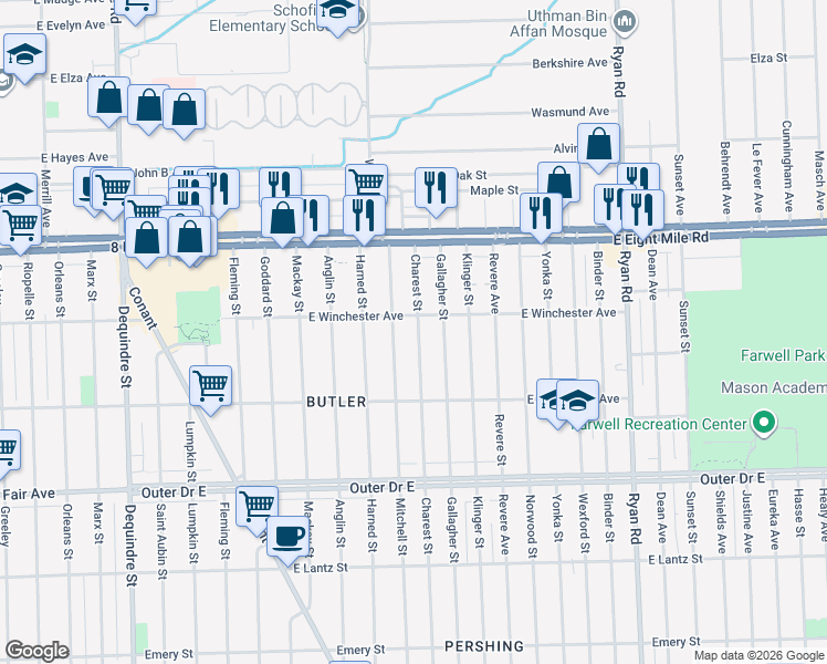 map of restaurants, bars, coffee shops, grocery stores, and more near 20190 Charest Street in Detroit