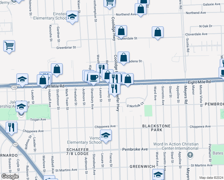 map of restaurants, bars, coffee shops, grocery stores, and more near 20475 Tracey Street in Detroit
