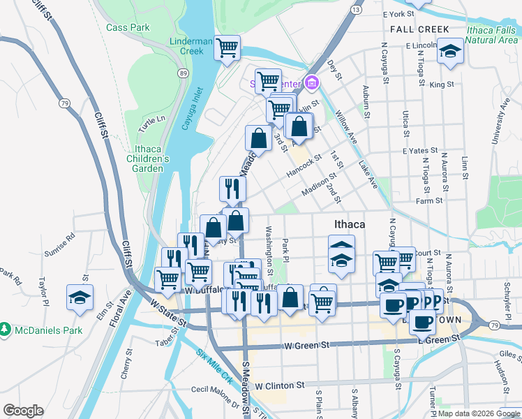 map of restaurants, bars, coffee shops, grocery stores, and more near 606 Cascadilla Street in Ithaca