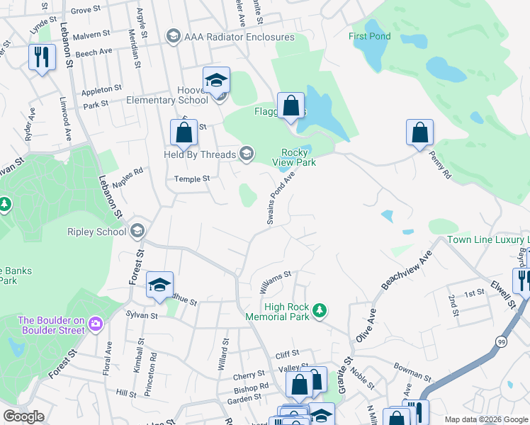 map of restaurants, bars, coffee shops, grocery stores, and more near 42 Swains Pond Avenue in Melrose
