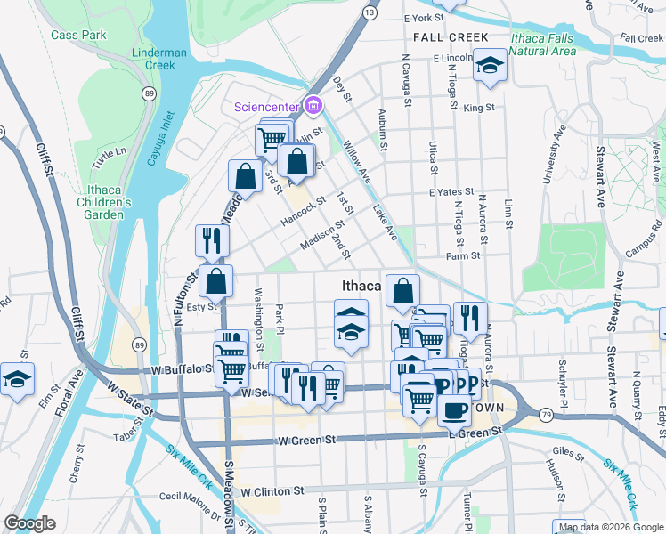 map of restaurants, bars, coffee shops, grocery stores, and more near 325-27 Cascadilla Street in Ithaca