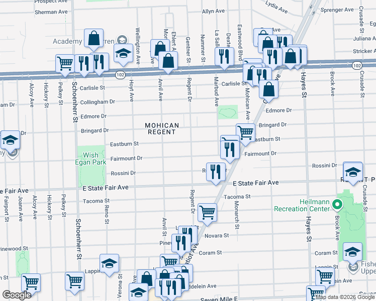 map of restaurants, bars, coffee shops, grocery stores, and more near 19984 Regent Drive in Detroit