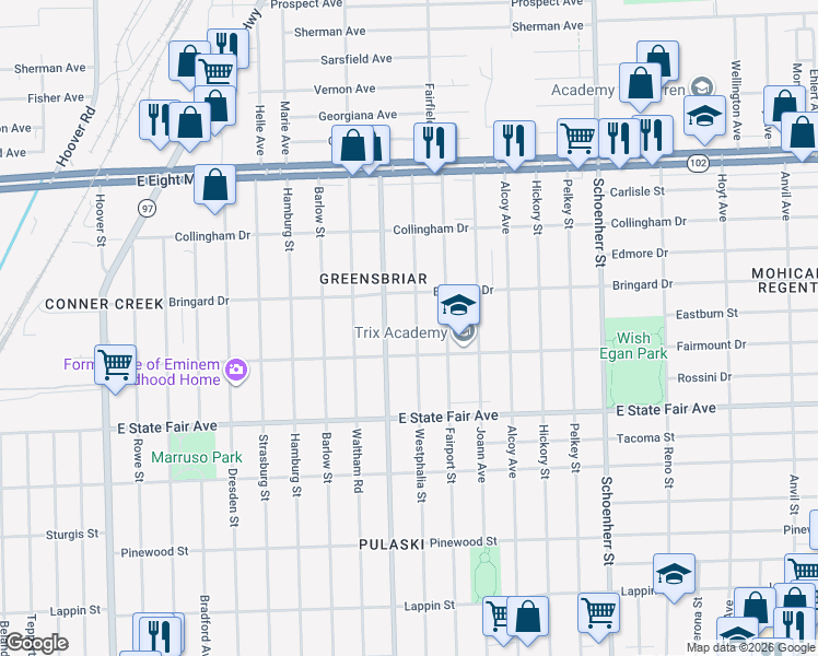 map of restaurants, bars, coffee shops, grocery stores, and more near 20000 Goulburn Avenue in Detroit