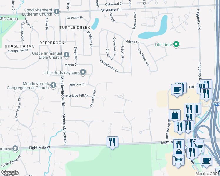 map of restaurants, bars, coffee shops, grocery stores, and more near 21554 Purlingbrook Road in Novi