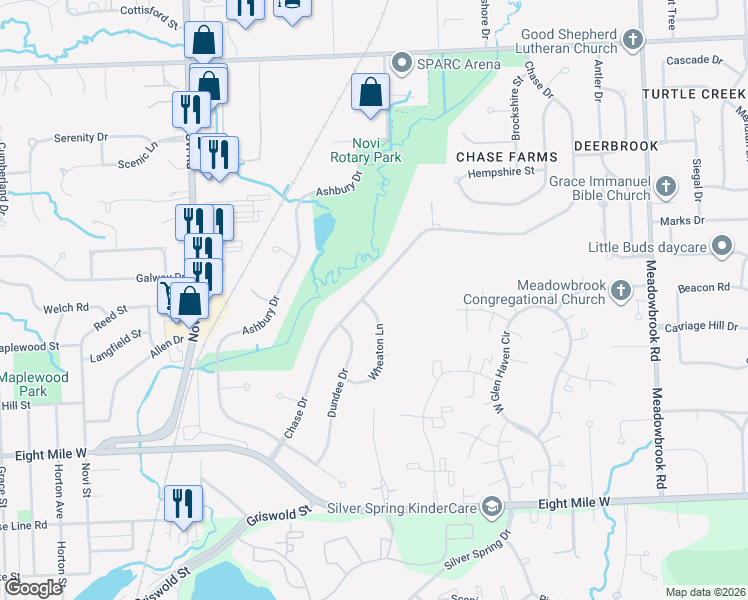 map of restaurants, bars, coffee shops, grocery stores, and more near 21345 Wheaton Lane in Novi