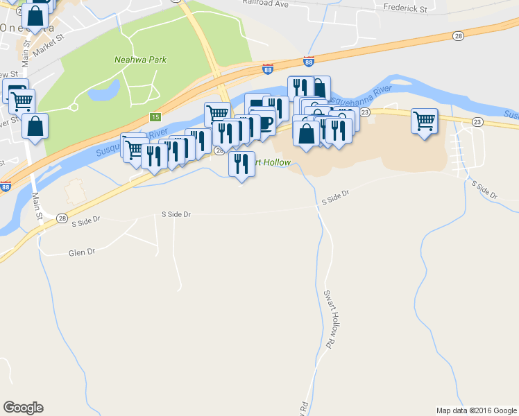 map of restaurants, bars, coffee shops, grocery stores, and more near 245 South Side Drive in Oneonta