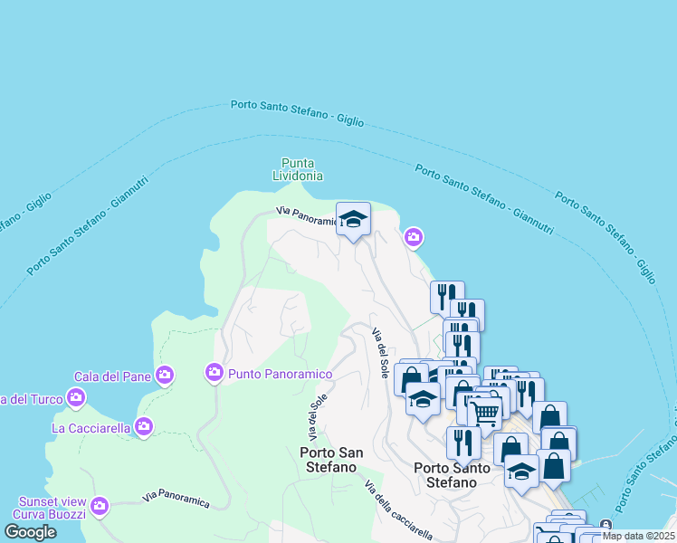 map of restaurants, bars, coffee shops, grocery stores, and more near 24 Via Lividonia in Porto Santo Stefano