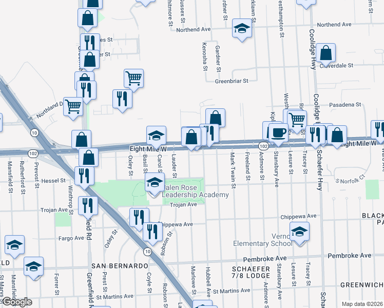 map of restaurants, bars, coffee shops, grocery stores, and more near 14649 Eight Mile Road in Detroit