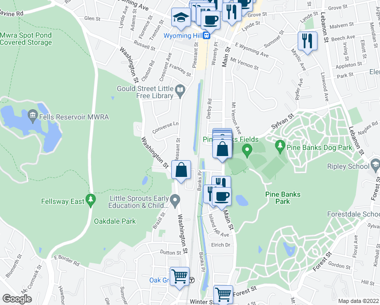map of restaurants, bars, coffee shops, grocery stores, and more near 93 Pleasant Street in Melrose