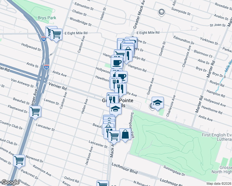map of restaurants, bars, coffee shops, grocery stores, and more near in Grosse Pointe Woods