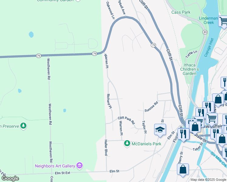 map of restaurants, bars, coffee shops, grocery stores, and more near 412 Warren Place in Ithaca