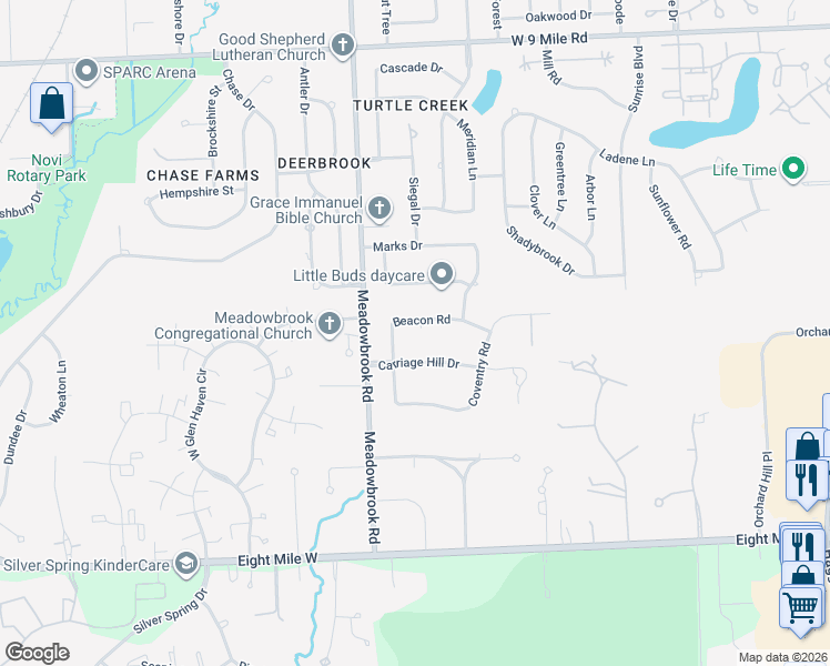 map of restaurants, bars, coffee shops, grocery stores, and more near 41380 Carriage Hill Drive in Novi