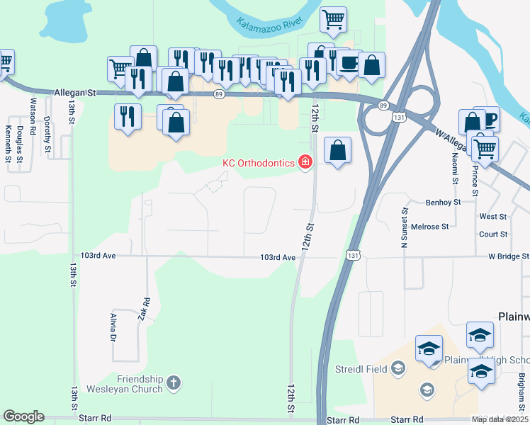 map of restaurants, bars, coffee shops, grocery stores, and more near 1237 South Vanbruggen Drive in Plainwell
