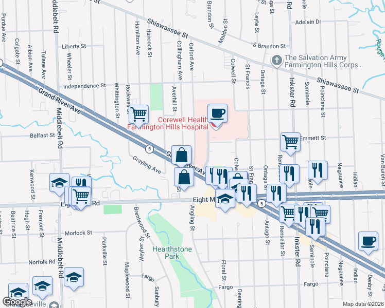 map of restaurants, bars, coffee shops, grocery stores, and more near 28115 Grand River Avenue in Farmington Hills