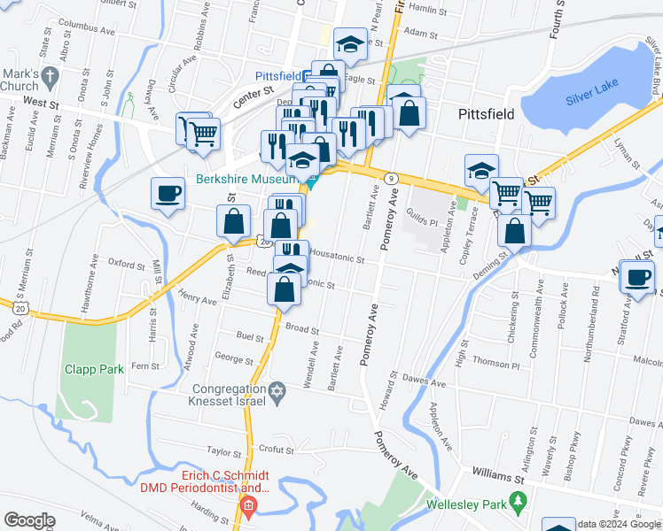 map of restaurants, bars, coffee shops, grocery stores, and more near Wendell Avenue in Pittsfield
