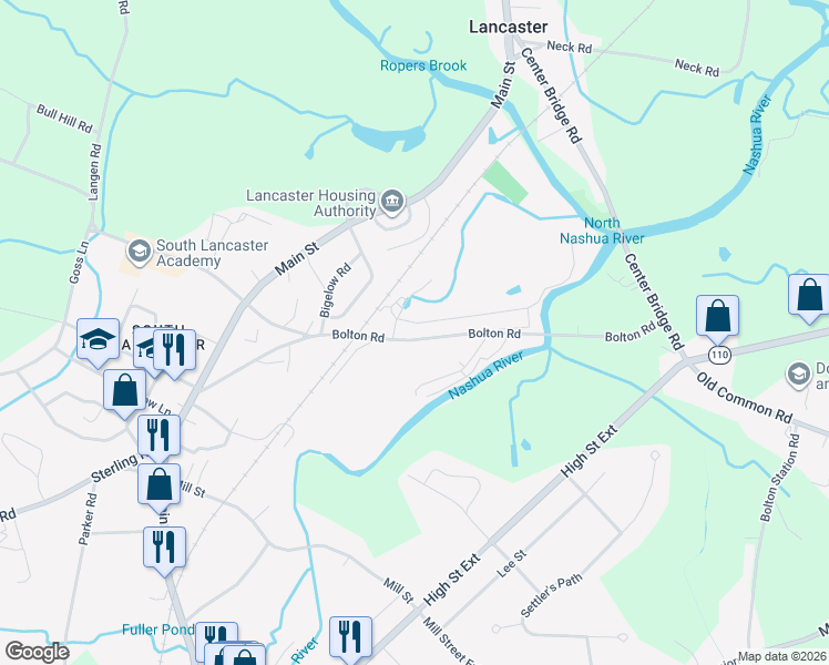 map of restaurants, bars, coffee shops, grocery stores, and more near 230 Bolton Road in Lancaster