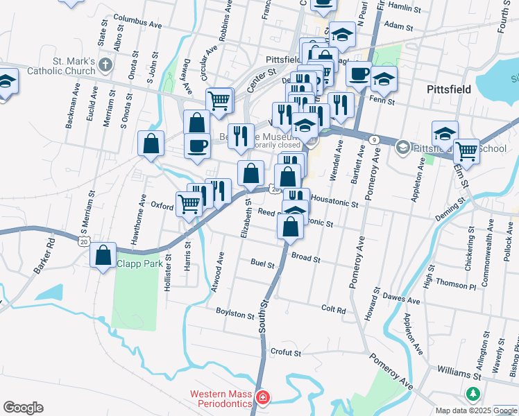 map of restaurants, bars, coffee shops, grocery stores, and more near 42 Reed Street in Pittsfield