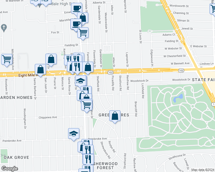 map of restaurants, bars, coffee shops, grocery stores, and more near 20458 Gardendale Street in Detroit